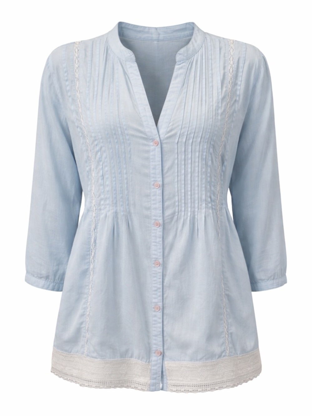 Intro Light Blue Lace Trim Blouse Medium Boho Top